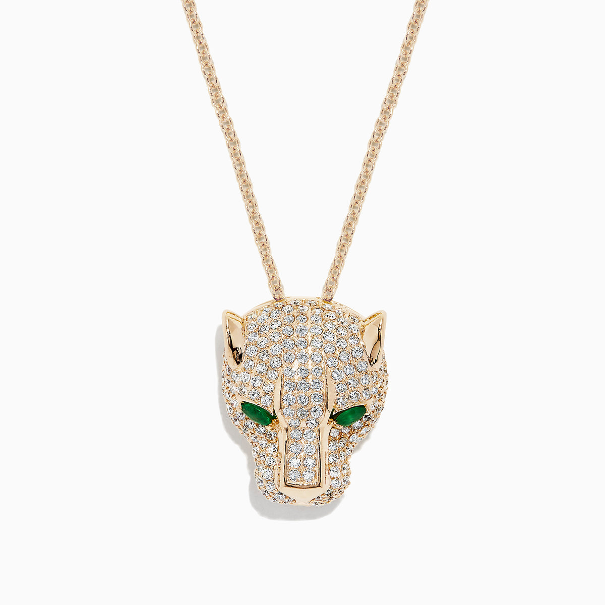 Introducing the Signature 14K Yellow Gold Diamond & Emerald Panther Pendant, 3.23 TCW—featuring a panther head set with sparkling diamond accents and vivid emerald gemstones for the eyes.