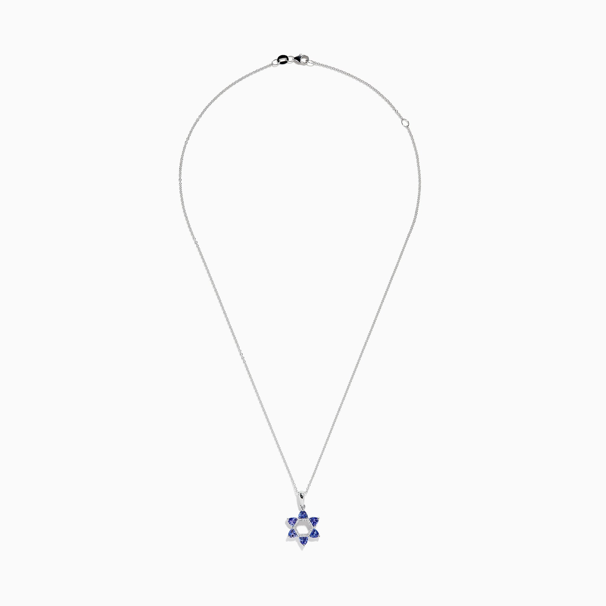 The Nahla Siri 14k Gold Star of David Pendant features tanzanite and diamond accents, displayed on a white background.