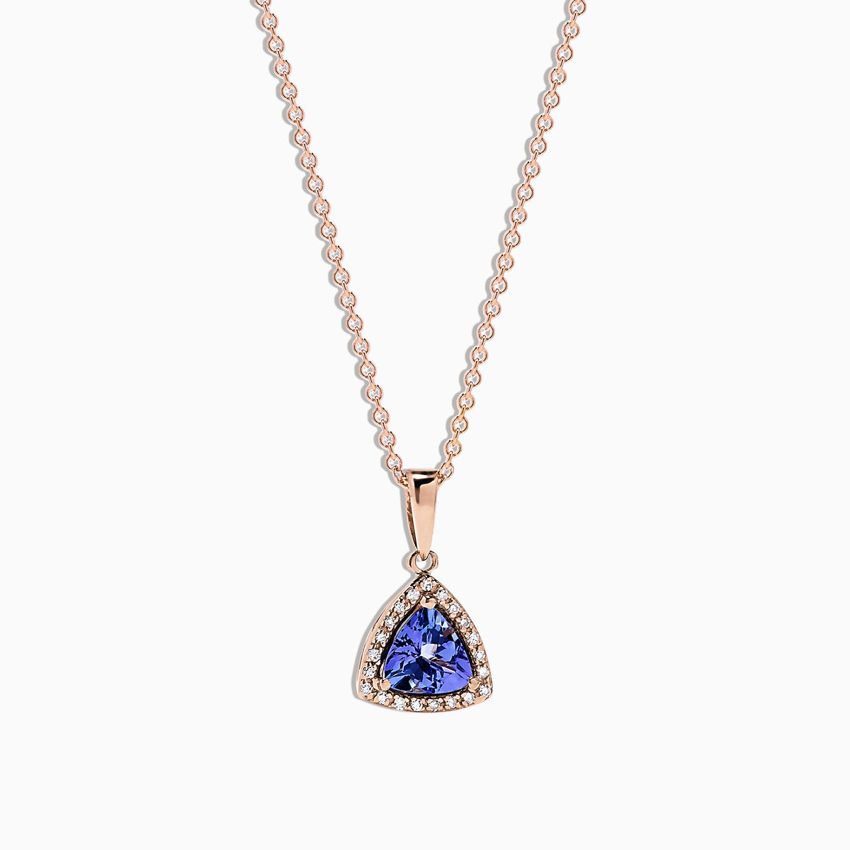 The Nahla Siri 14K Rose Gold Tanzanite & Diamond Pendant (0.72 TCW) features a triangular tanzanite surrounded by diamonds, shown on a white background.