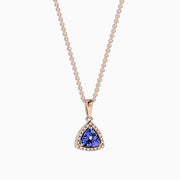 The Nahla Siri 14K Rose Gold Tanzanite & Diamond Pendant (0.72 TCW) features a triangular tanzanite surrounded by diamonds, shown on a white background.