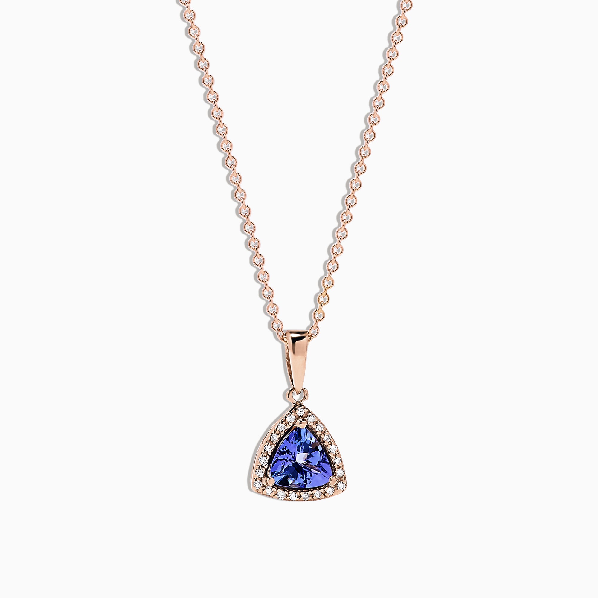 The Nahla Siri 14K Rose Gold Tanzanite & Diamond Pendant (0.72 TCW) features a triangular tanzanite surrounded by diamonds, shown on a white background.
