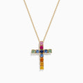 The Watercolors 14K Yellow Gold Multi Sapphire Cross Pendant, 2.05 TCW, showcases vibrant square sapphires in pink, blue, green, orange, and yellow on a stunning yellow gold chain necklace.