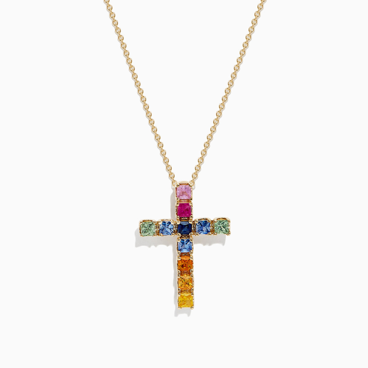 The Watercolors 14K Yellow Gold Multi Sapphire Cross Pendant, 2.05 TCW, showcases vibrant square sapphires in pink, blue, green, orange, and yellow on a stunning yellow gold chain necklace.