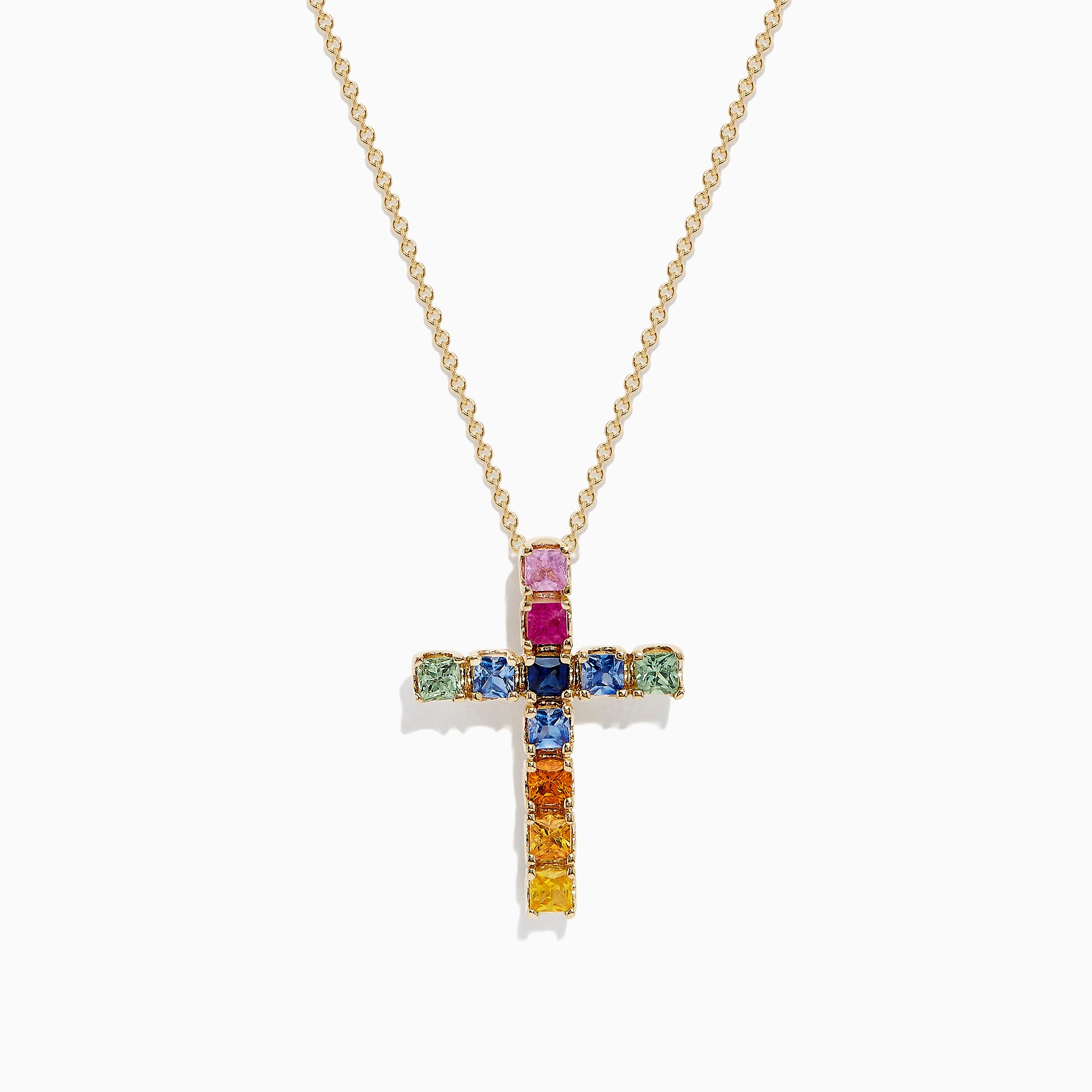 The Watercolors 14K Yellow Gold Multi Sapphire Cross Pendant, 2.05 TCW, showcases vibrant square sapphires in pink, blue, green, orange, and yellow on a stunning yellow gold chain necklace.