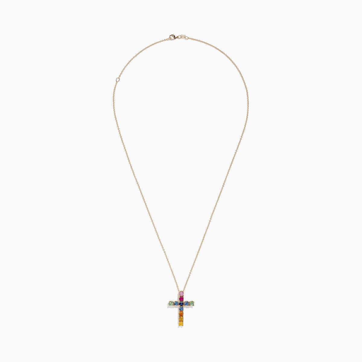 The Watercolors 14K Yellow Gold Multi Sapphire Cross Pendant, 2.05 TCW, showcases vibrant square sapphires in pink, blue, green, orange, and yellow on a stunning yellow gold chain necklace.