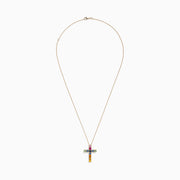 The Watercolors 14K Yellow Gold Multi Sapphire Cross Pendant, 2.05 TCW, showcases vibrant square sapphires in pink, blue, green, orange, and yellow on a stunning yellow gold chain necklace.
