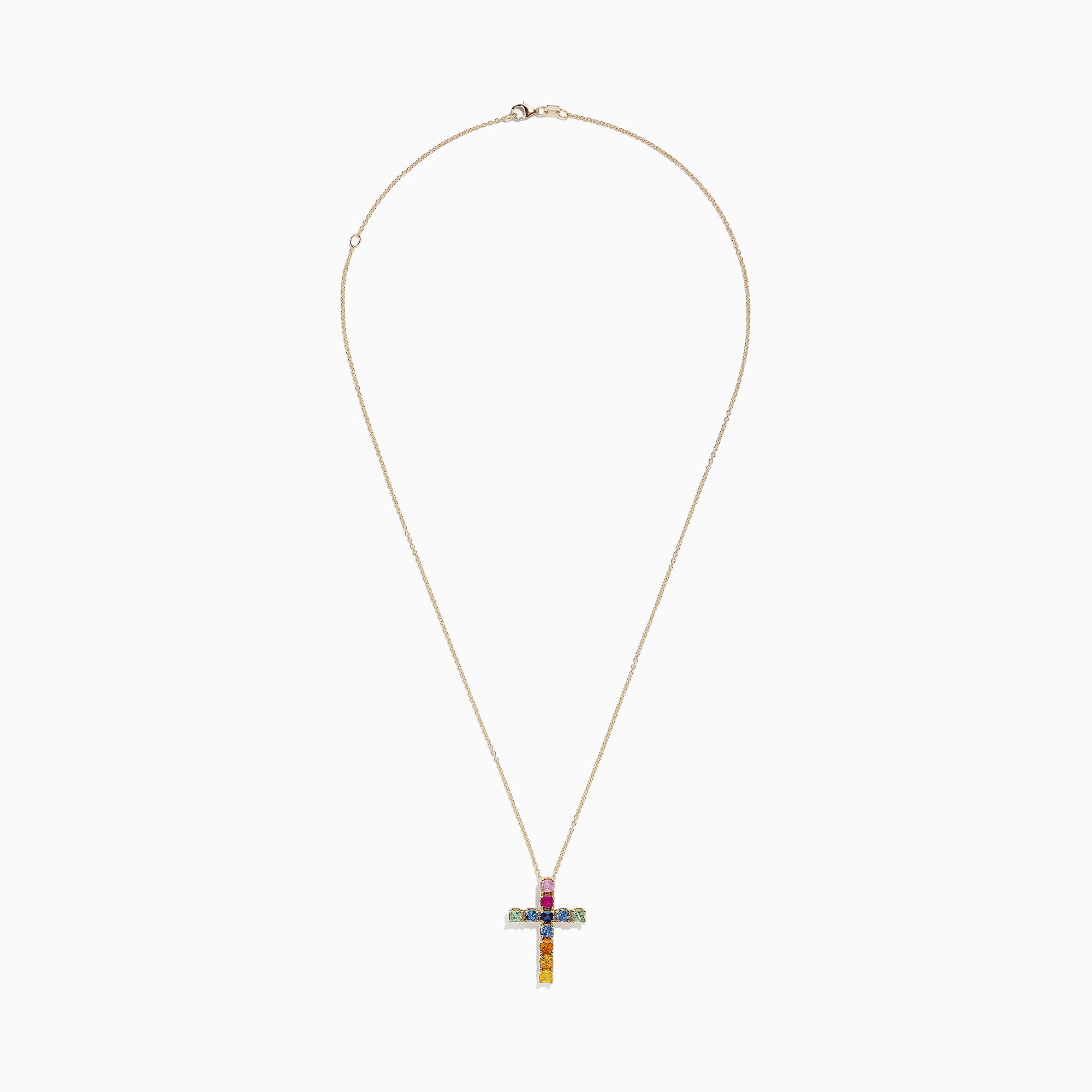 The Watercolors 14K Yellow Gold Multi Sapphire Cross Pendant, 2.05 TCW, showcases vibrant square sapphires in pink, blue, green, orange, and yellow on a stunning yellow gold chain necklace.