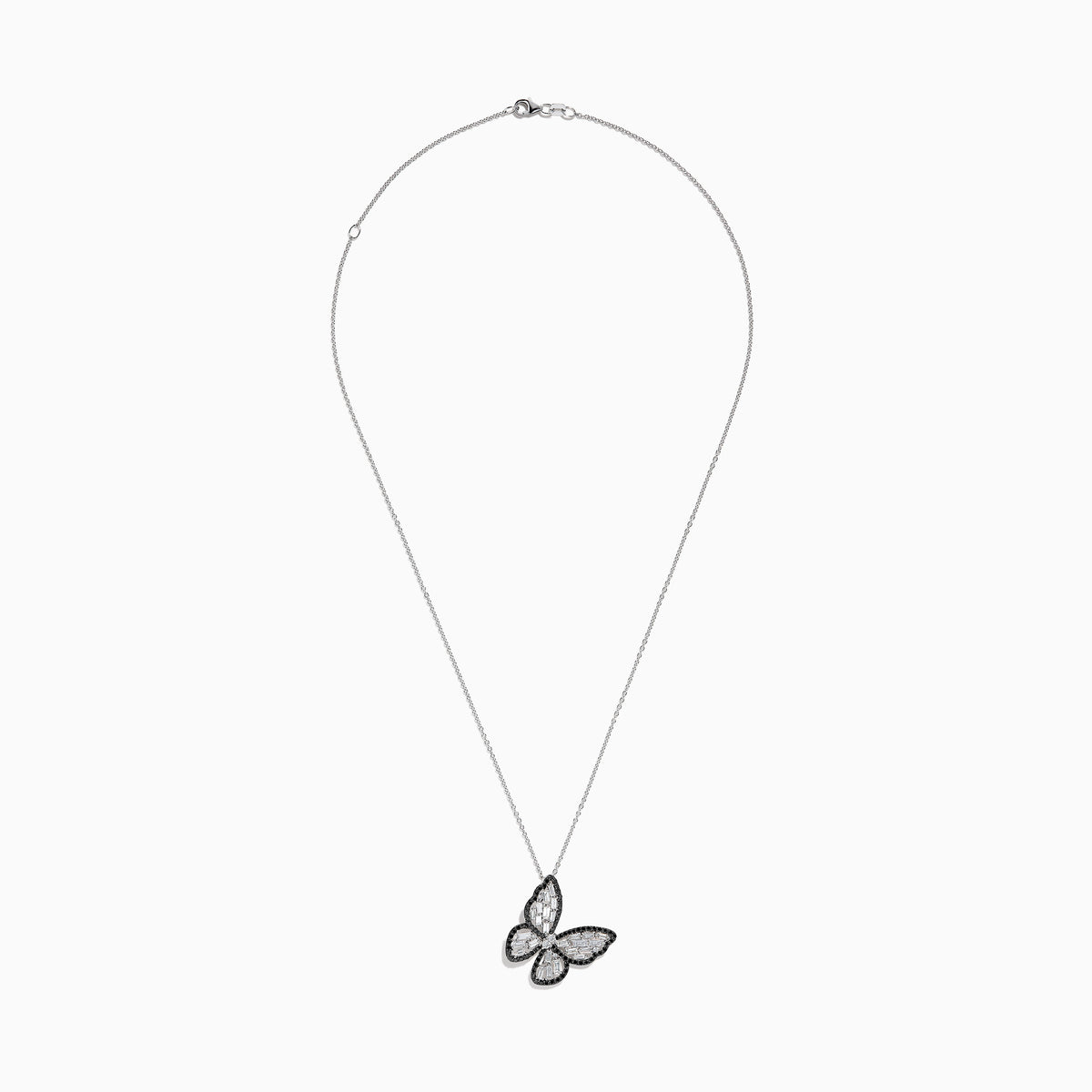 The Nature 14K White Gold Black and White Diamond Butterfly Pendant dazzles with textured wings outlined in black stones, set on a sleek white gold chain for an elegant look.
