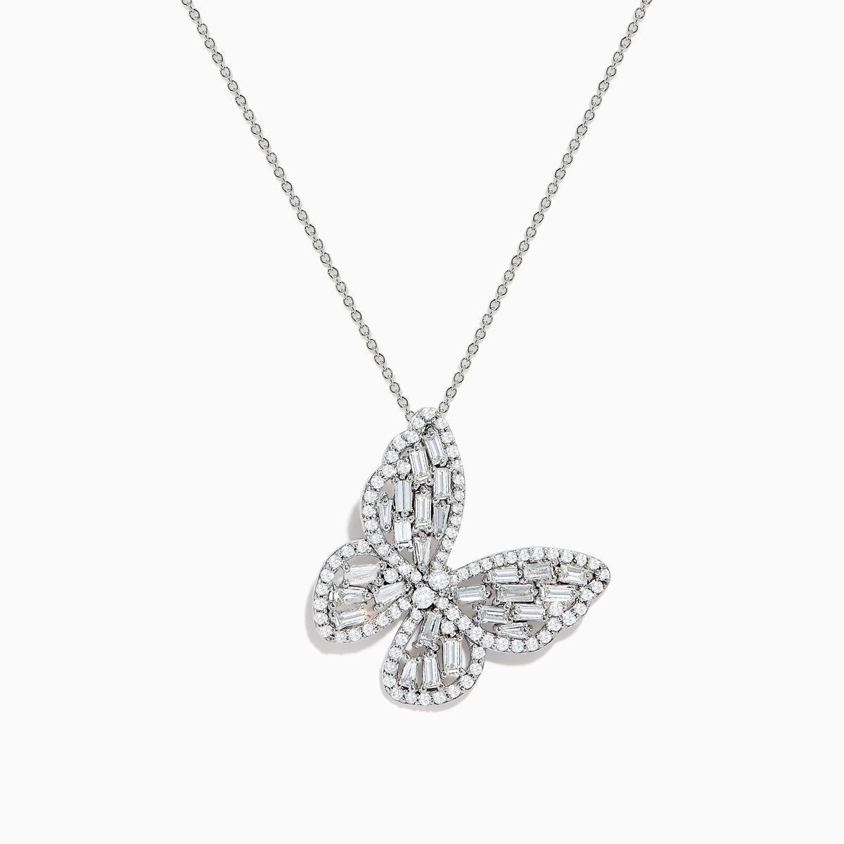 The Nature 14K White Gold Diamond Butterfly Pendant features sparkling baguette and round-cut diamonds on a fine chain, displayed against a white background.