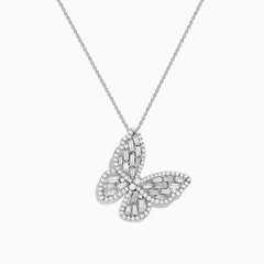 The Nature 14K White Gold Diamond Butterfly Pendant features sparkling baguette and round-cut diamonds on a fine chain, displayed against a white background.