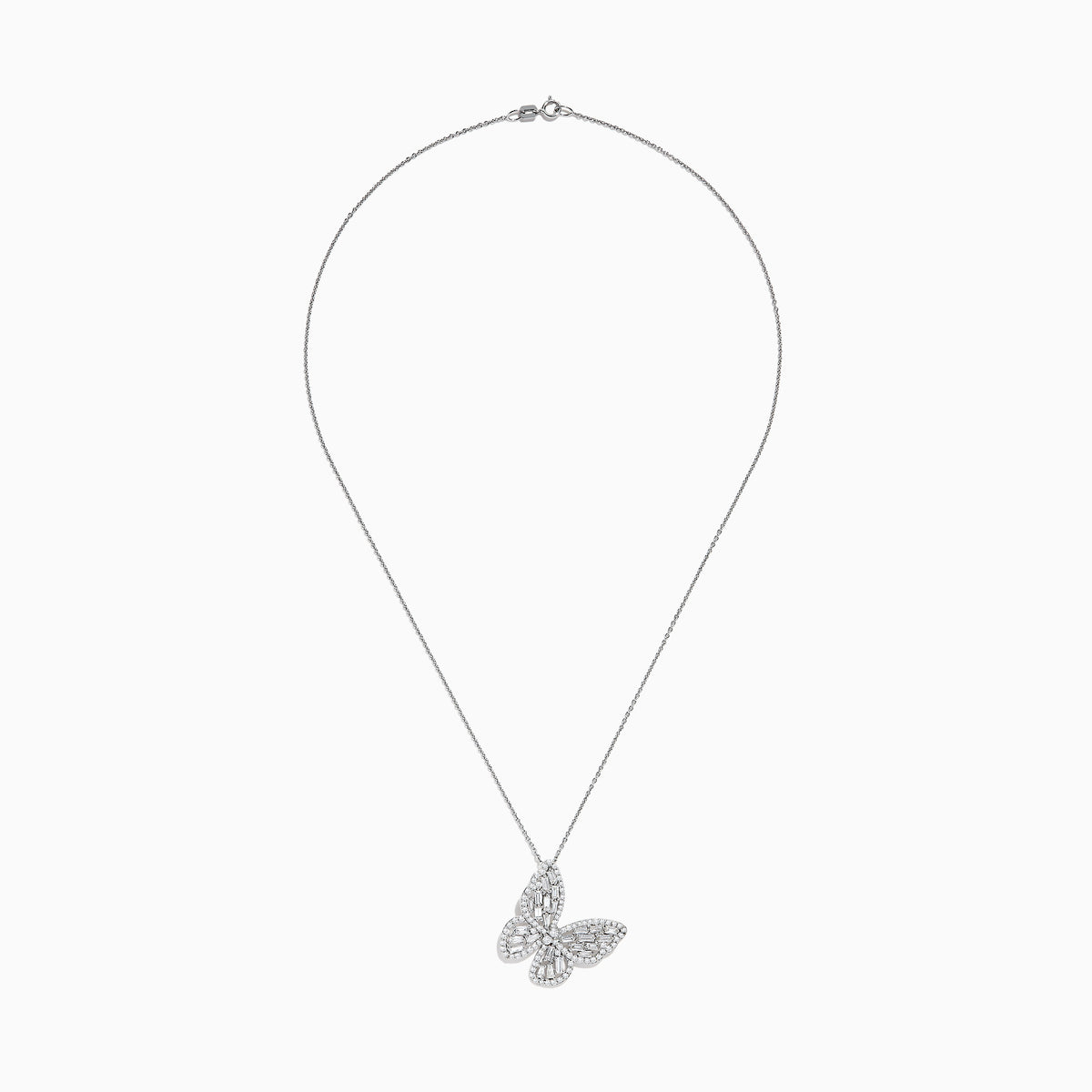 The Nature 14K White Gold Diamond Butterfly Pendant features sparkling baguette and round-cut diamonds on a fine chain, displayed against a white background.