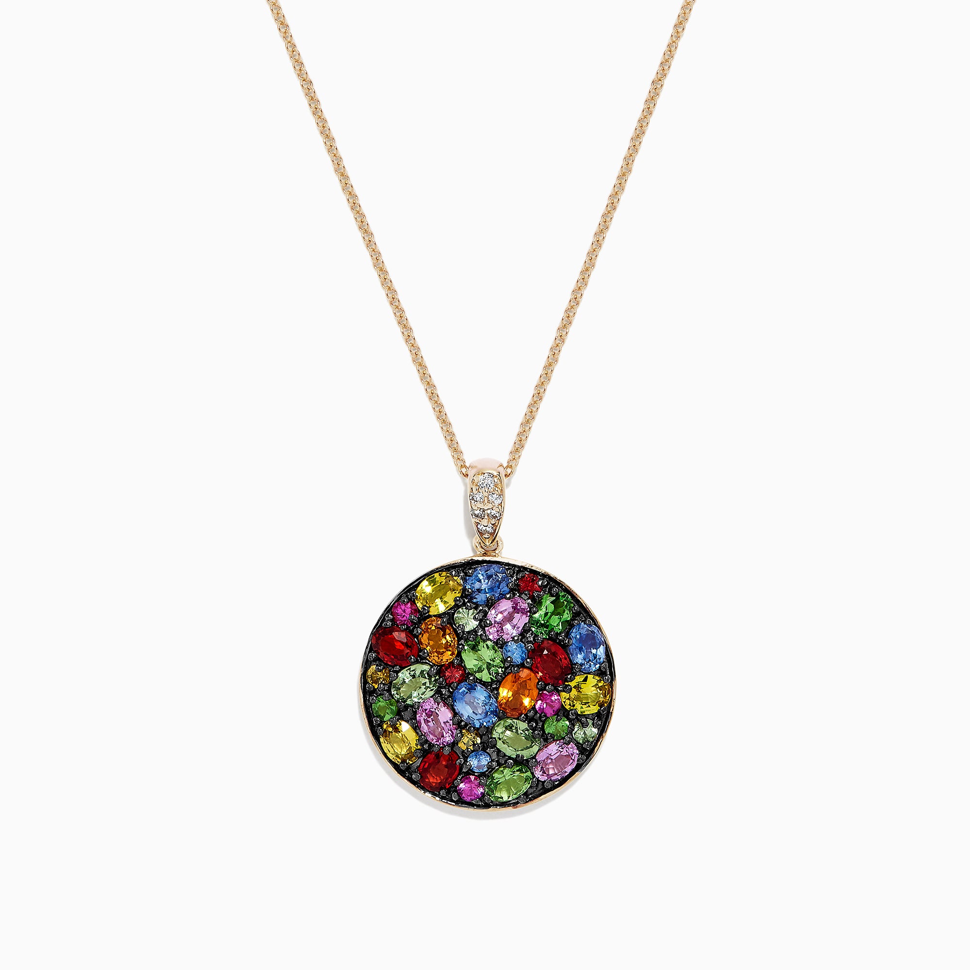 The Watercolors 14K Yellow Gold Multi Sapphire Circle Pendant (5.09 TCW) features a cluster of brightly colored sapphires in various shapes and sizes set in a circle, showcased against a white background.