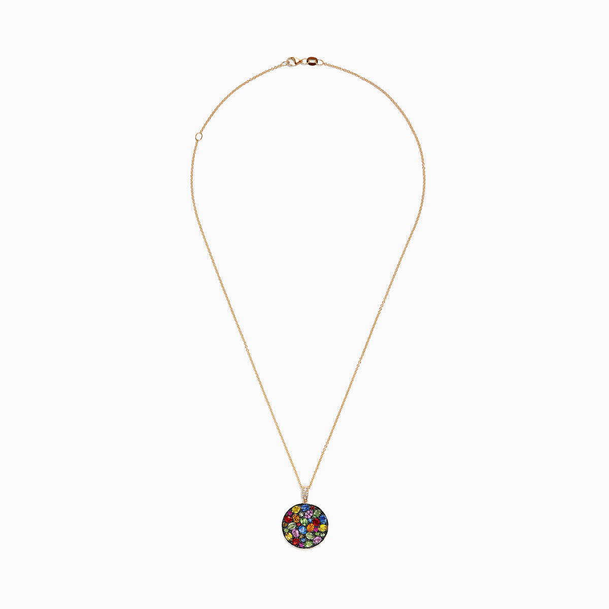 The Watercolors 14K Yellow Gold Multi Sapphire Circle Pendant (5.09 TCW) features a cluster of brightly colored sapphires in various shapes and sizes set in a circle, showcased against a white background.