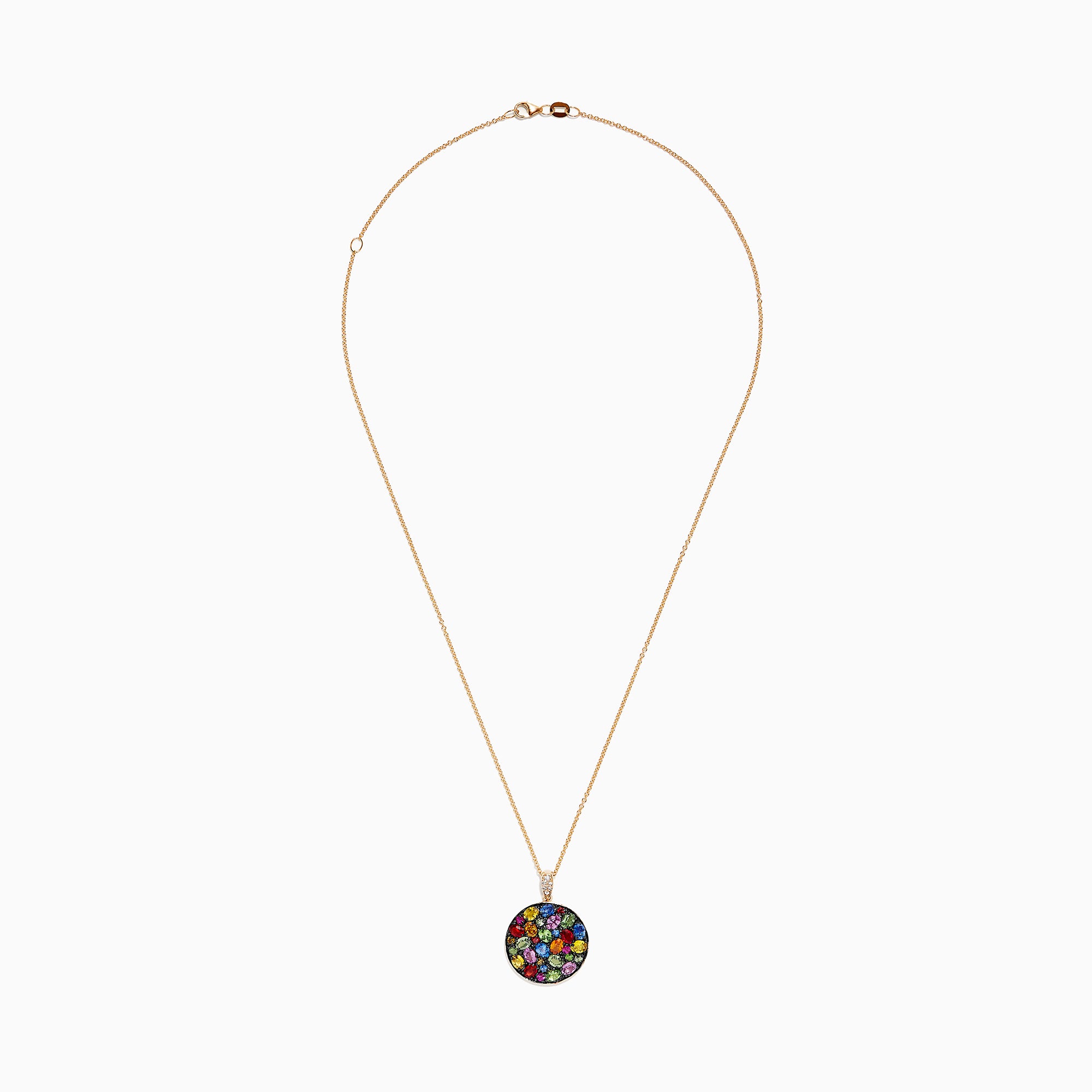 The Watercolors 14K Yellow Gold Multi Sapphire Circle Pendant (5.09 TCW) features a cluster of brightly colored sapphires in various shapes and sizes set in a circle, showcased against a white background.