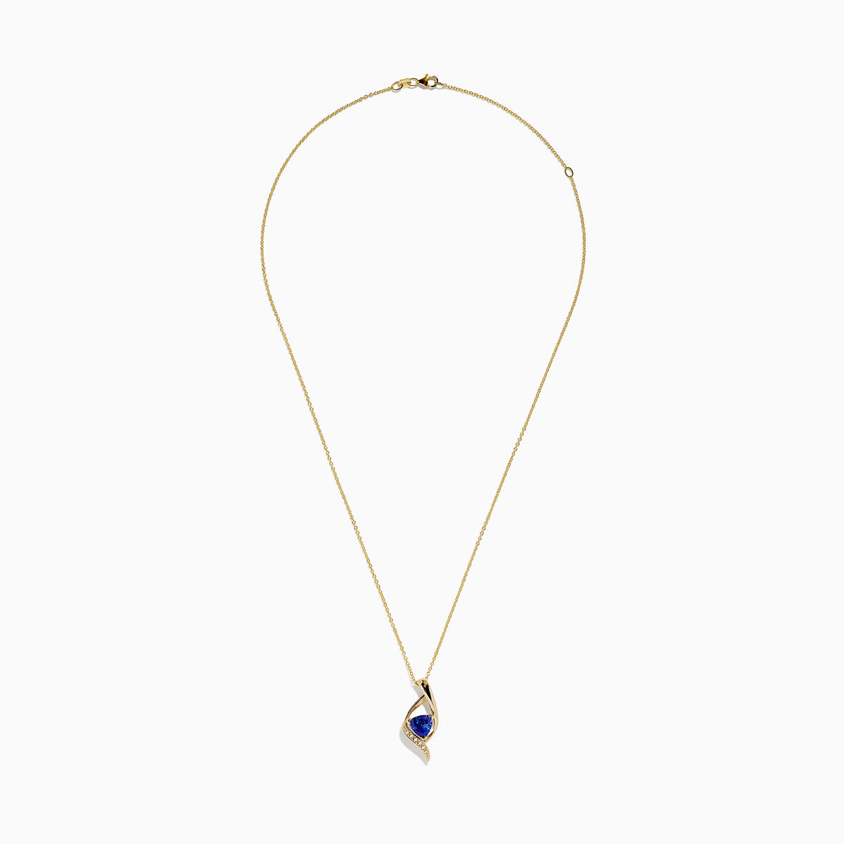 The Nahla Siri 14K Gold Tanzanite and Diamond Pendant, 1.46 TCW, features a swirling gold design with a triangular blue tanzanite center and a row of diamonds along one edge, shown against a white background.
