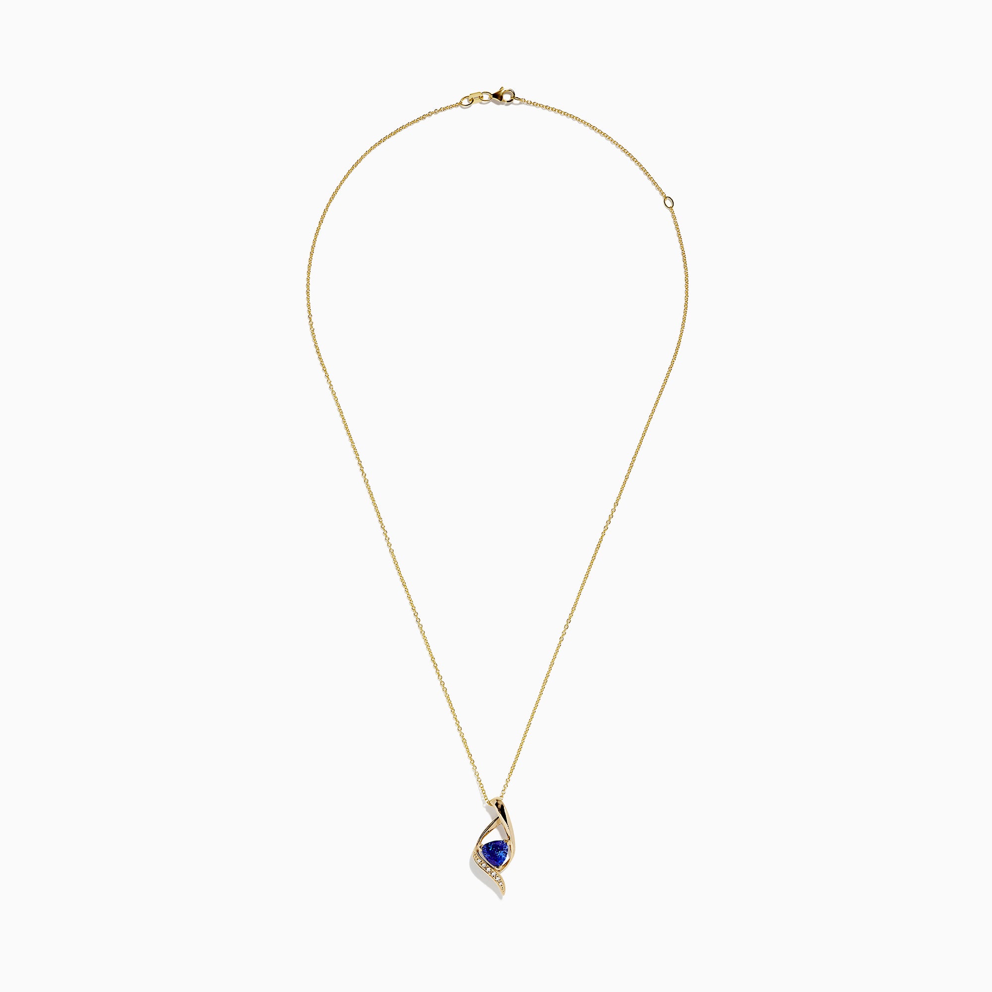 The Nahla Siri 14K Gold Tanzanite and Diamond Pendant, 1.46 TCW, features a swirling gold design with a triangular blue tanzanite center and a row of diamonds along one edge, shown against a white background.