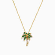 The Novelty 14K Yellow Gold Emerald and Diamond Palm Tree Pendant features emerald gemstone leaves and diamond-accented trunk, displayed on a plain white background.