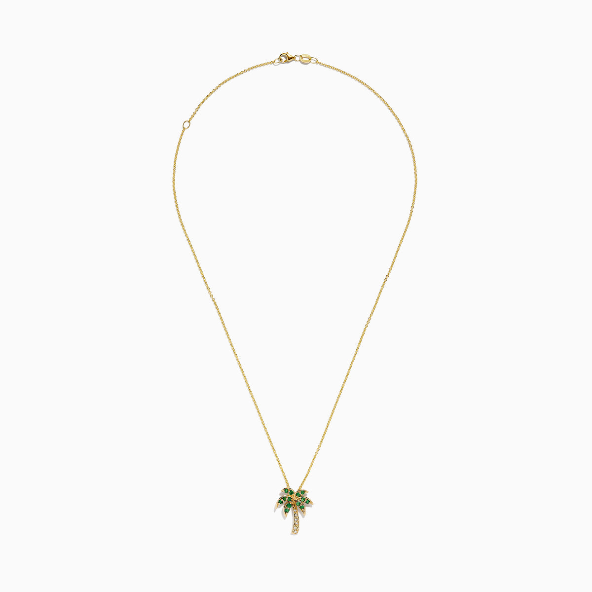 The Novelty 14K Yellow Gold Emerald and Diamond Palm Tree Pendant features emerald gemstone leaves and diamond-accented trunk, displayed on a plain white background.