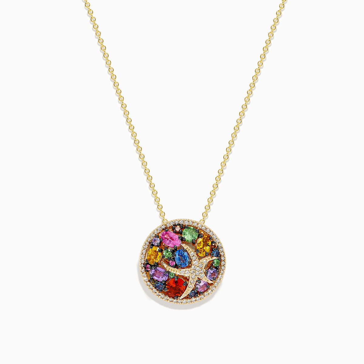 A 14K gold necklace featuring the Watercolors pendant with a starfish design, adorned with multi sapphire gemstones and sparkling diamonds for an elegant look.