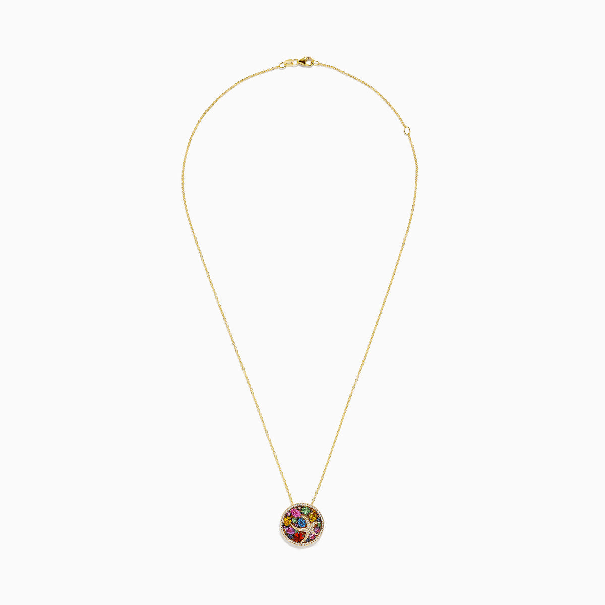A 14K gold necklace featuring the Watercolors pendant with a starfish design, adorned with multi sapphire gemstones and sparkling diamonds for an elegant look.