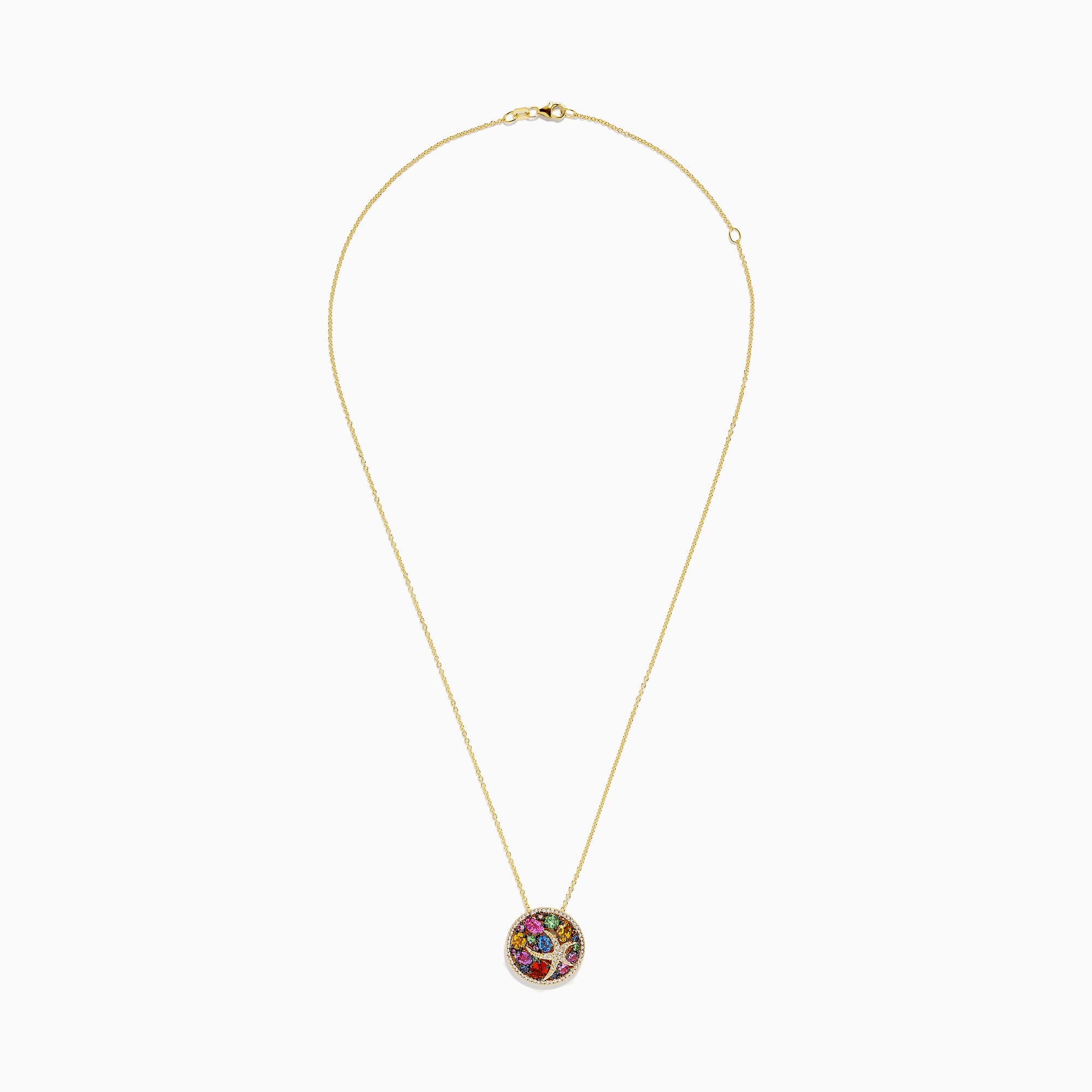A 14K gold necklace featuring the Watercolors pendant with a starfish design, adorned with multi sapphire gemstones and sparkling diamonds for an elegant look.