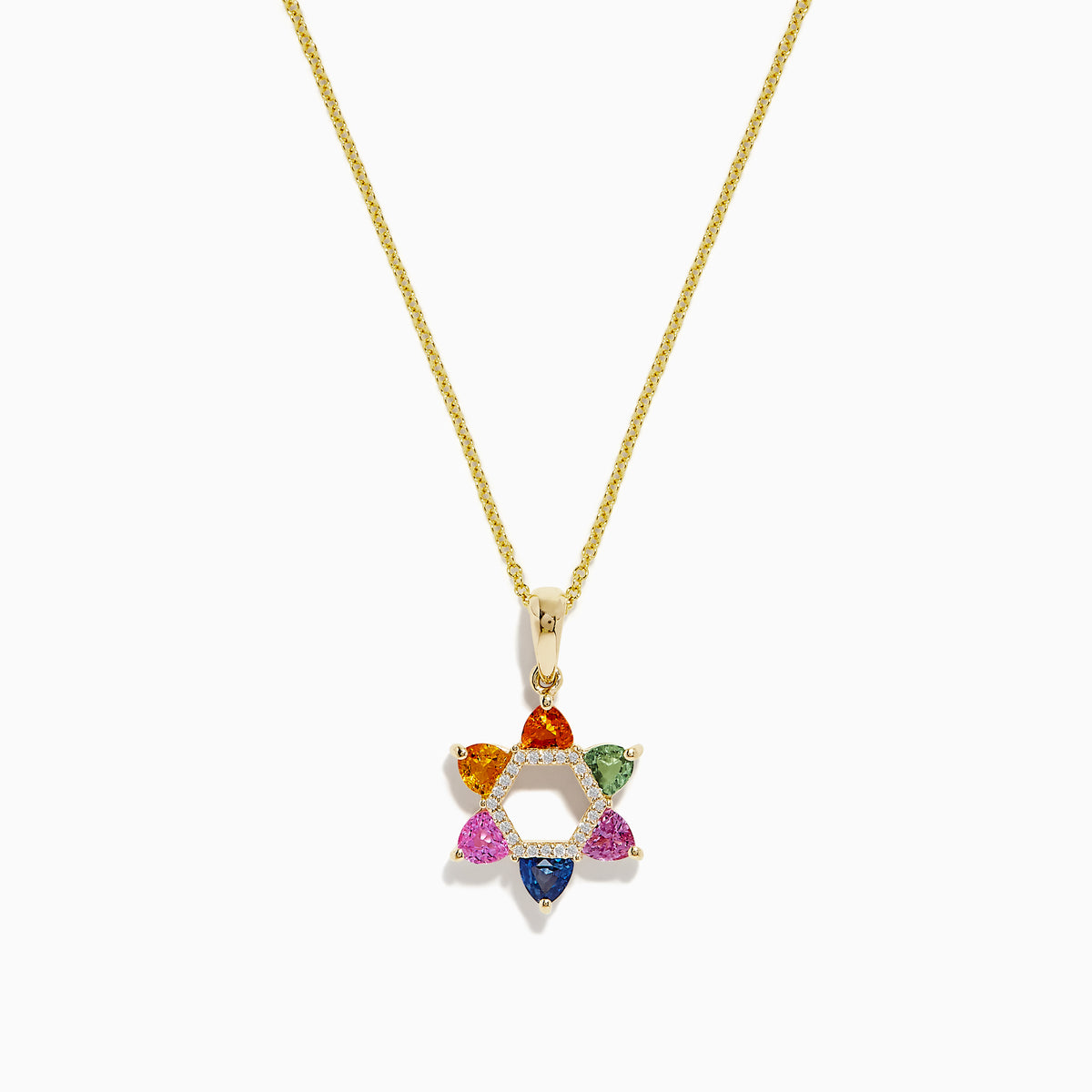 14K Gold Multi Sapphire & Diamond Star of David Pendant (1.96 TCW) features a modern design with colorful gemstones and sparkling sapphires on each point, displayed on a gold chain against a white background.