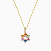 14K Gold Multi Sapphire & Diamond Star of David Pendant (1.96 TCW) features a modern design with colorful gemstones and sparkling sapphires on each point, displayed on a gold chain against a white background.