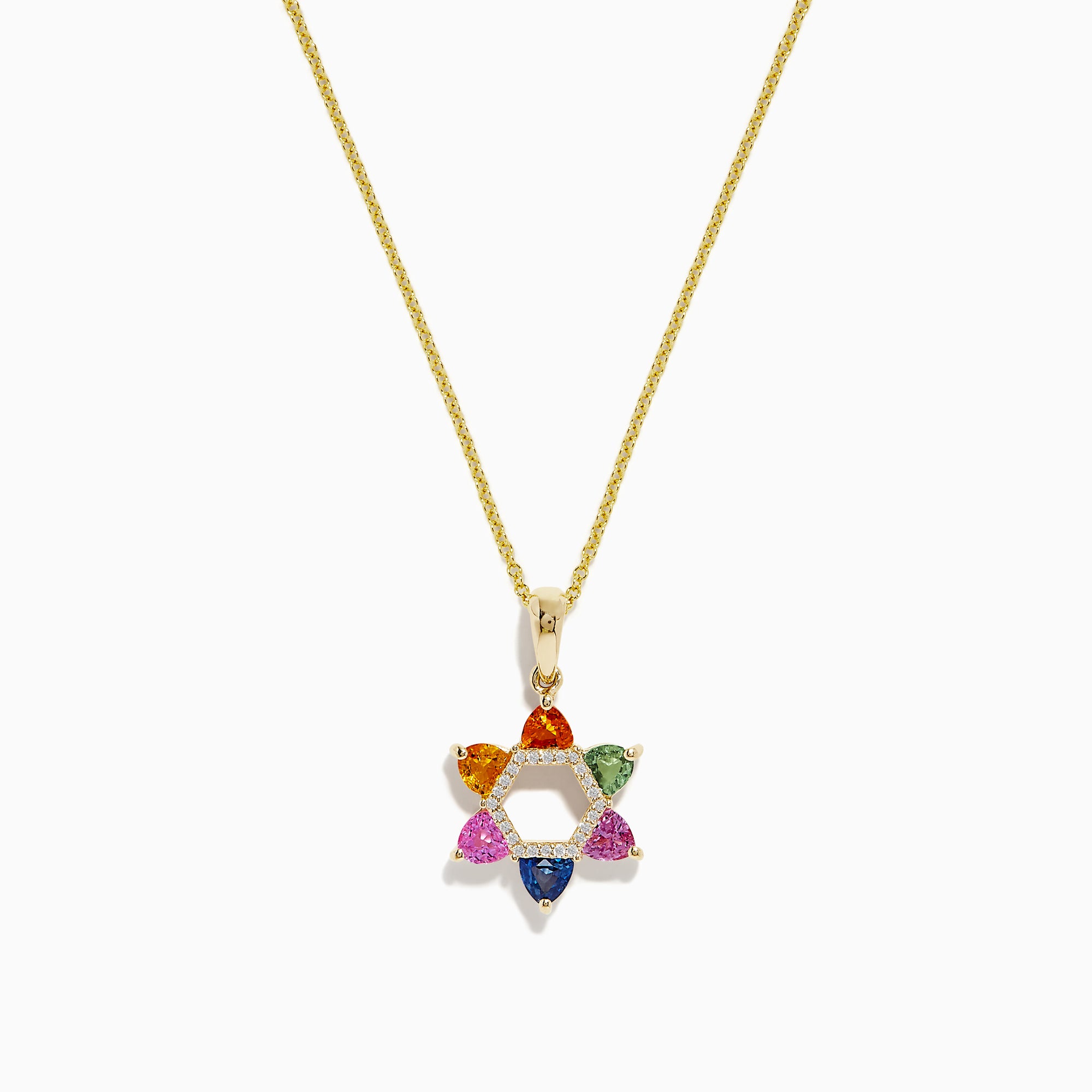 14K Gold Multi Sapphire & Diamond Star of David Pendant (1.96 TCW) features a modern design with colorful gemstones and sparkling sapphires on each point, displayed on a gold chain against a white background.
