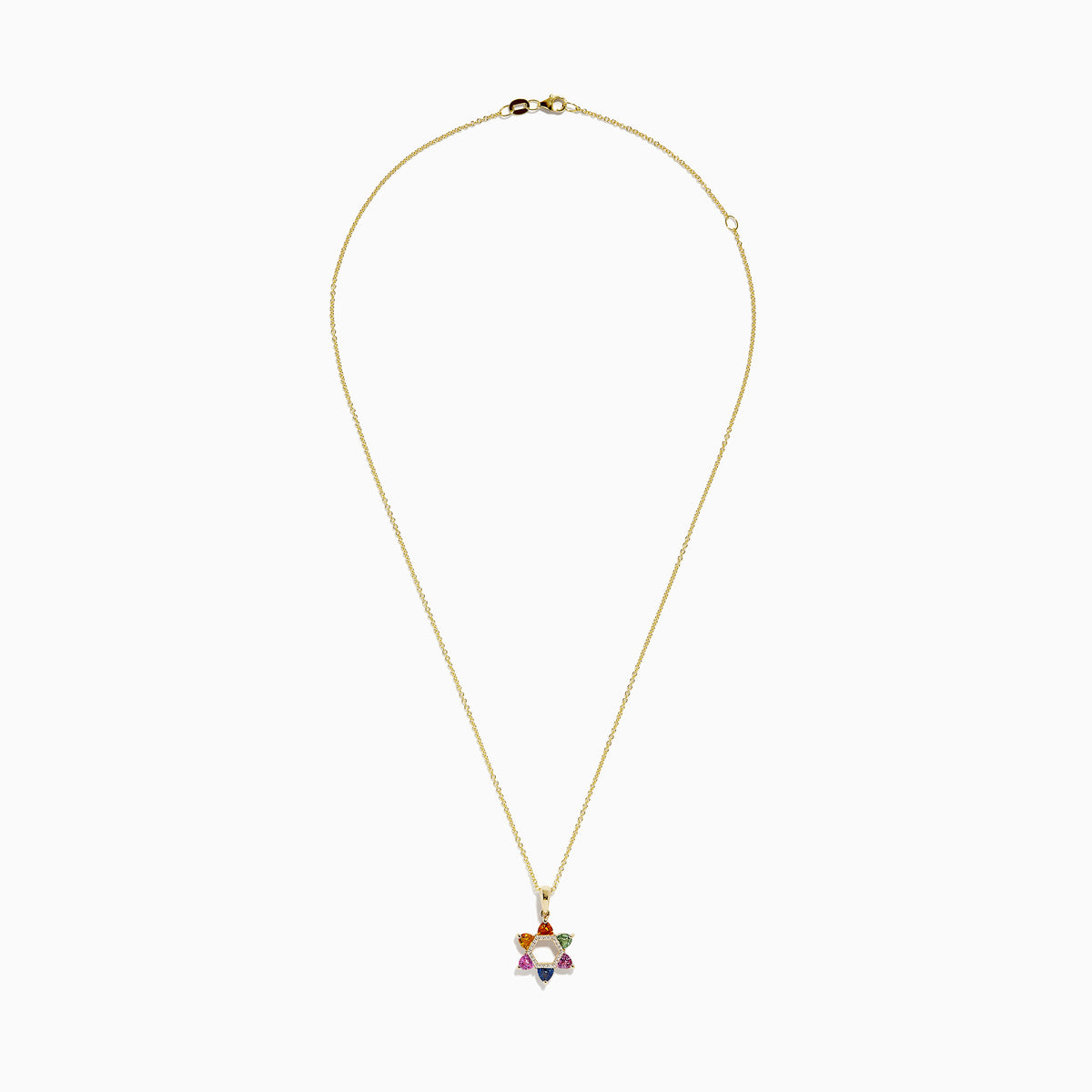 14K Gold Multi Sapphire & Diamond Star of David Pendant (1.96 TCW) features a modern design with colorful gemstones and sparkling sapphires on each point, displayed on a gold chain against a white background.