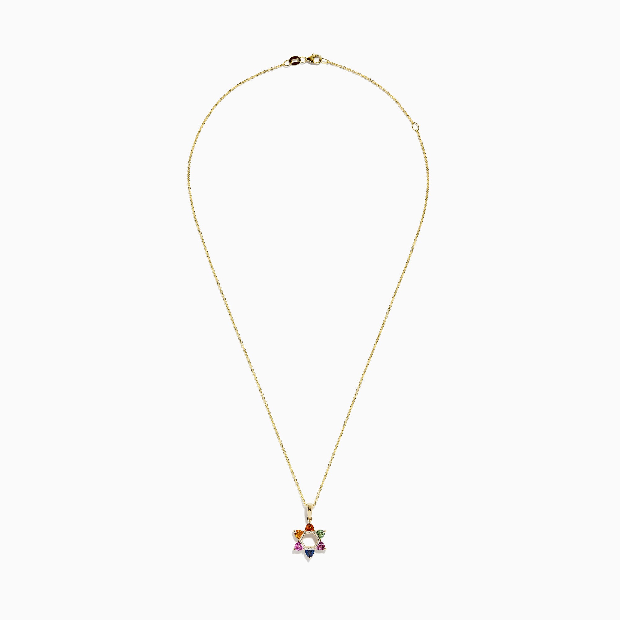 14K Gold Multi Sapphire & Diamond Star of David Pendant (1.96 TCW) features a modern design with colorful gemstones and sparkling sapphires on each point, displayed on a gold chain against a white background.