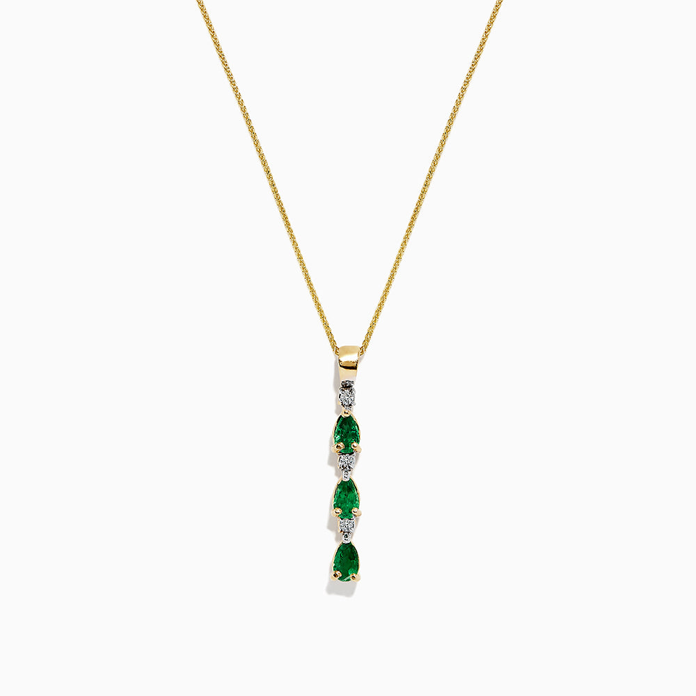 A 14k yellow gold pendant by Effy, featuring three emeralds and four diamonds (0.57 TCW) in an alternating vertical design, hangs from a delicate chain for an elegant look.