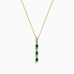 A 14k yellow gold pendant by Effy, featuring three emeralds and four diamonds (0.57 TCW) in an alternating vertical design, hangs from a delicate chain for an elegant look.