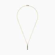 A 14k yellow gold pendant by Effy, featuring three emeralds and four diamonds (0.57 TCW) in an alternating vertical design, hangs from a delicate chain for an elegant look.