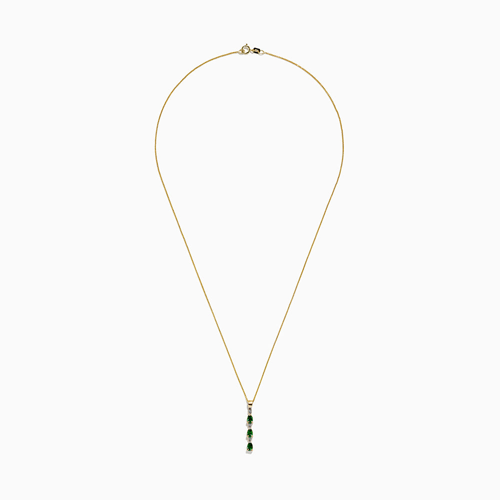 A 14k yellow gold pendant by Effy, featuring three emeralds and four diamonds (0.57 TCW) in an alternating vertical design, hangs from a delicate chain for an elegant look.