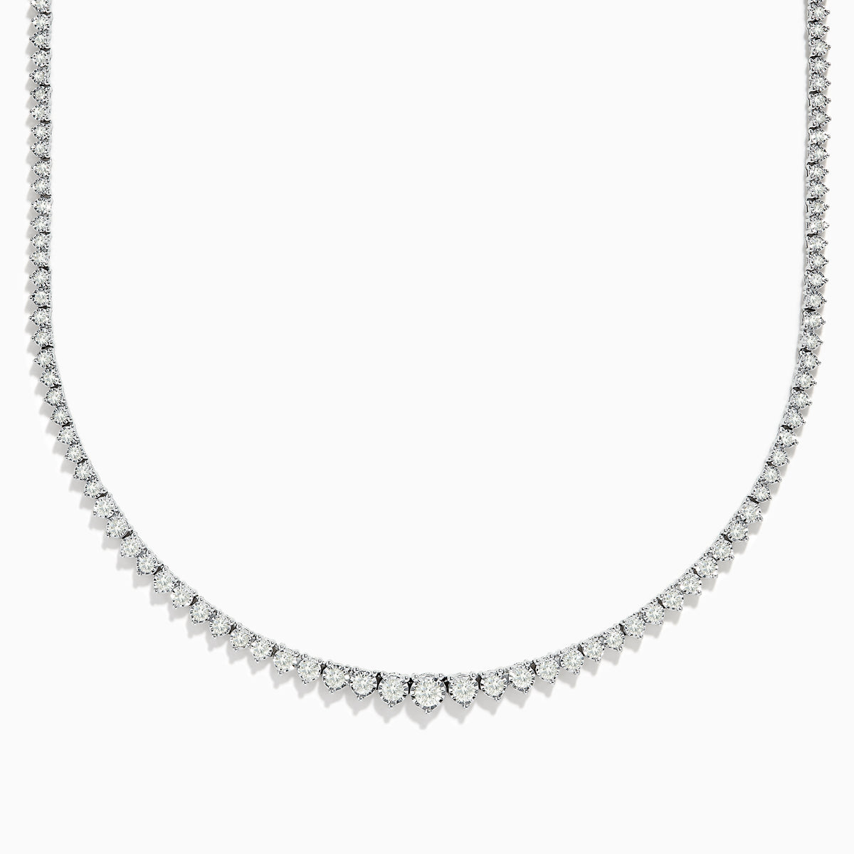 The 14K White Gold Diamond Tennis Necklace 2.94 TCW features a row of round diamonds set closely together in a delicate, elegant design.