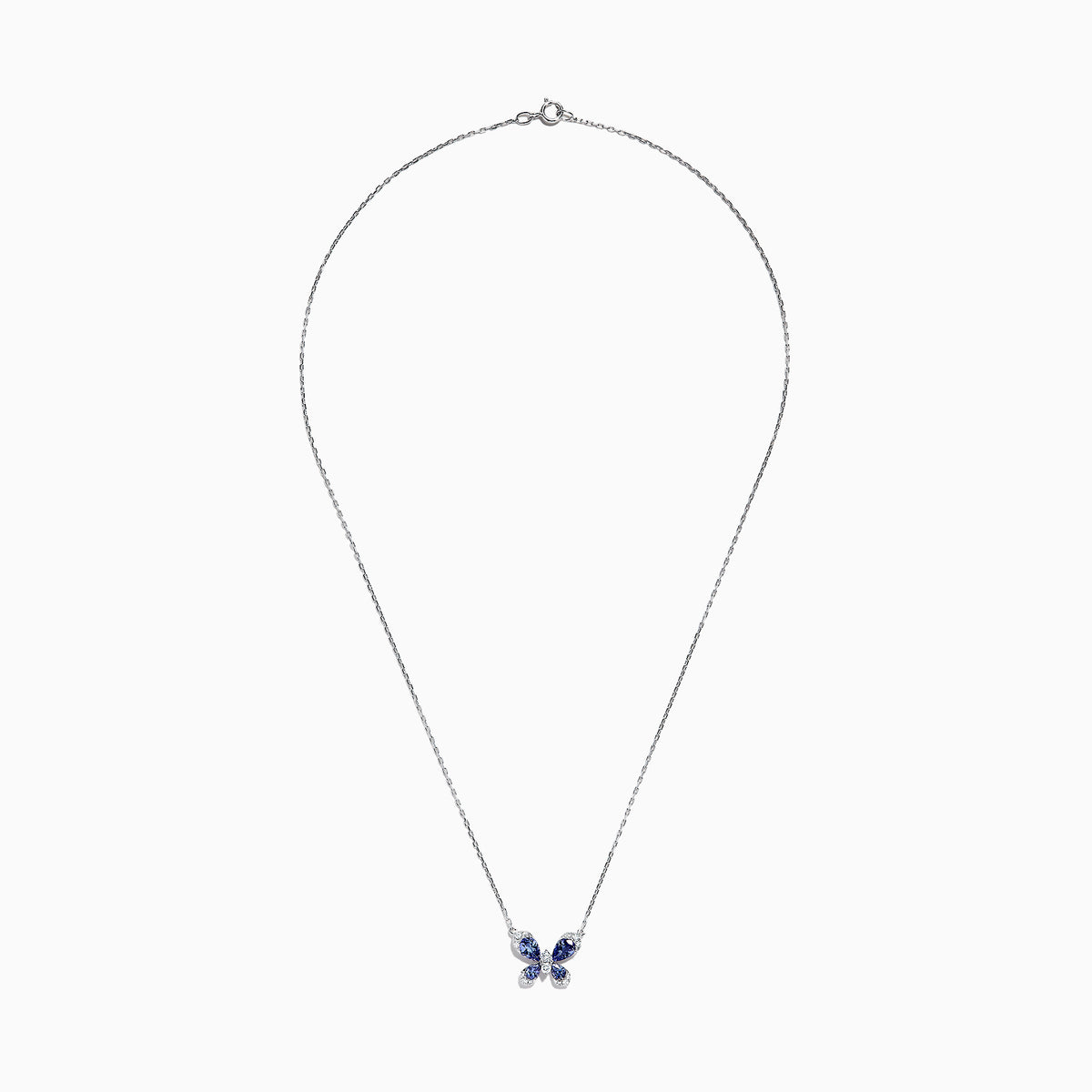 The Nahla Siri 14K White Gold Tanzanite and Diamond Butterfly Necklace (1.24 TCW) features a butterfly pendant with tanzanite-blue gemstone wings and diamond accents, shown against a white background.