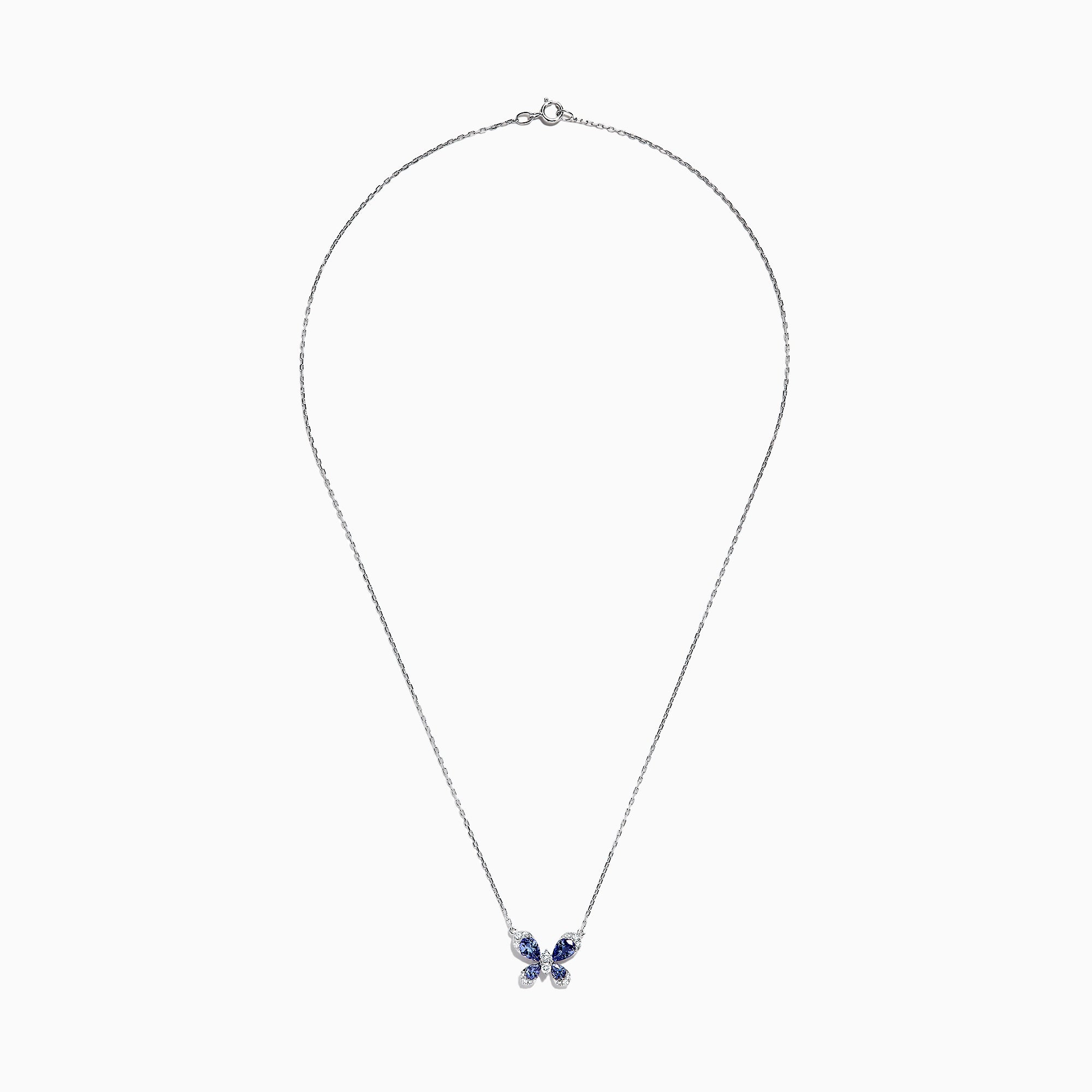 The Nahla Siri 14K White Gold Tanzanite and Diamond Butterfly Necklace (1.24 TCW) features a butterfly pendant with tanzanite-blue gemstone wings and diamond accents, shown against a white background.
