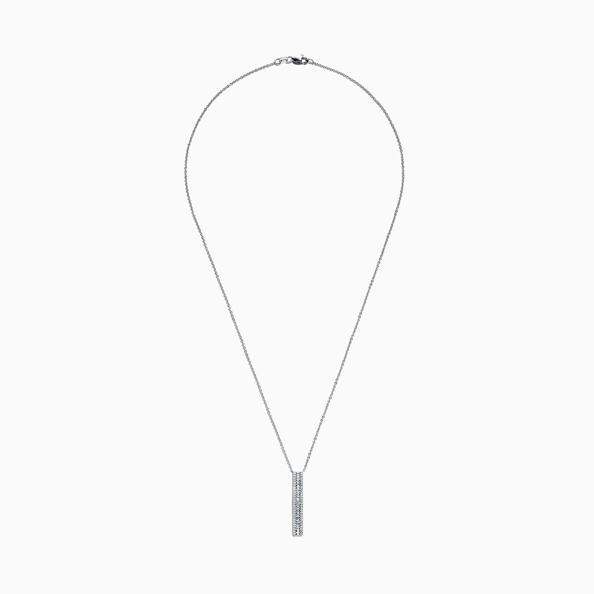 The Classique 14K White Gold Diamond Vertical Necklace, 0.61 TCW, showcases a sleek white gold chain and a vertical rectangular pendant adorned with a row of brilliant diamonds down the center.