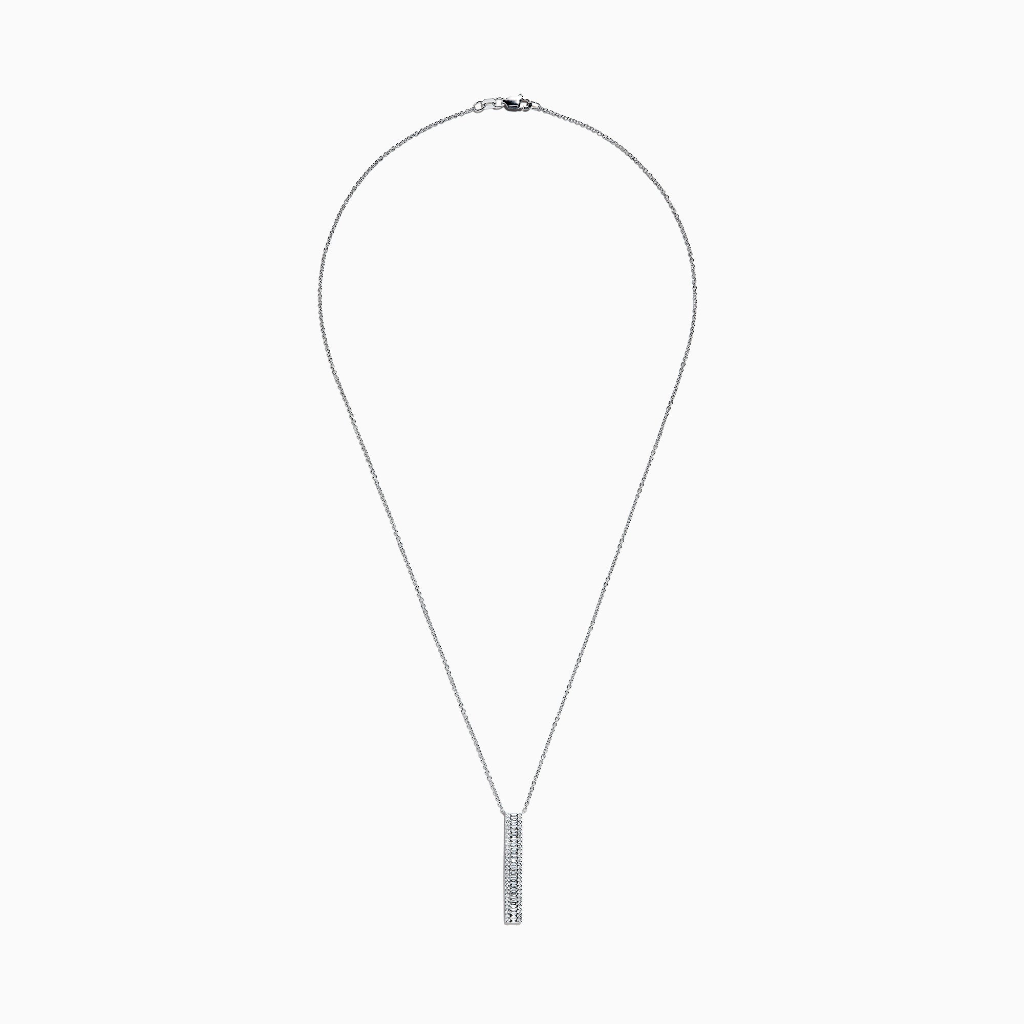 The Classique 14K White Gold Diamond Vertical Necklace, 0.61 TCW, showcases a sleek white gold chain and a vertical rectangular pendant adorned with a row of brilliant diamonds down the center.