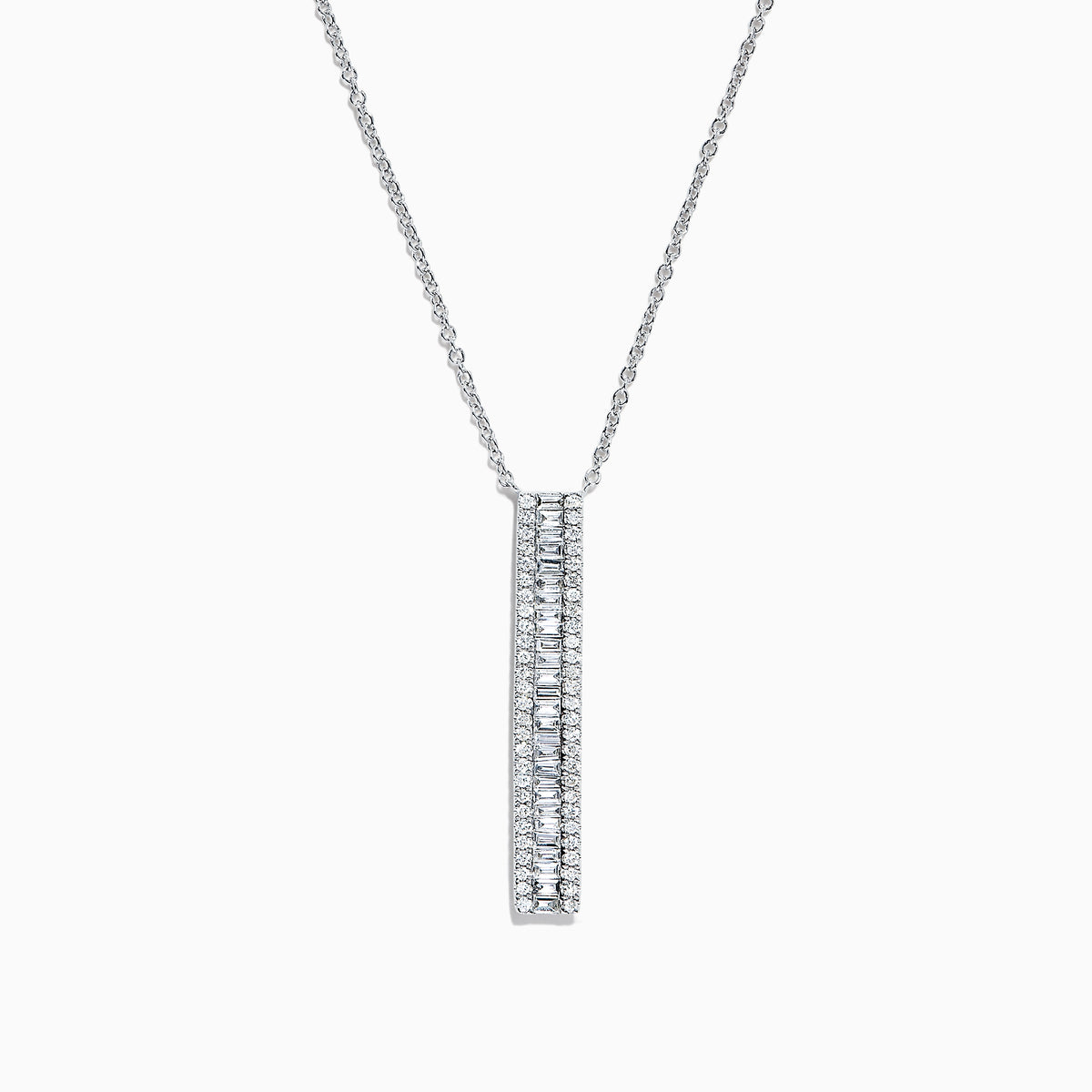 The Classique 14K White Gold Diamond Vertical Necklace, 0.61 TCW, showcases a sleek white gold chain and a vertical rectangular pendant adorned with a row of brilliant diamonds down the center.