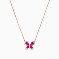 The Nature 14K Rose Gold Ruby and Diamond Butterfly Necklace, 1.62 TCW, from Effy features a butterfly-shaped pendant with rubies and diamonds on a delicate gold chain, displayed against a plain white background.
