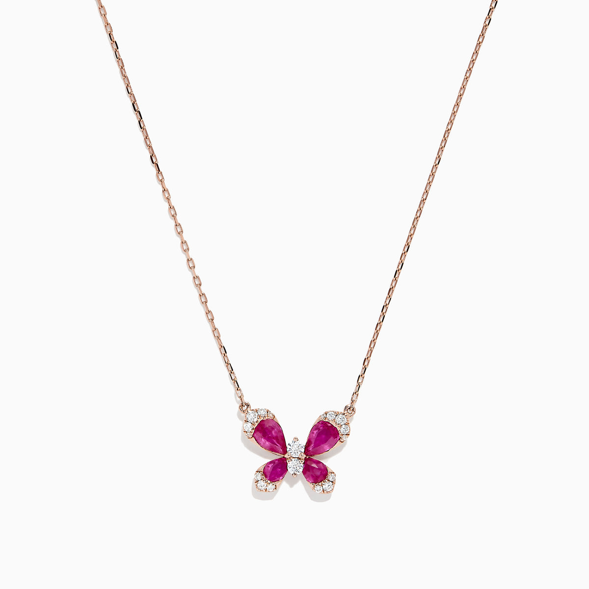 The Nature 14K Rose Gold Ruby and Diamond Butterfly Necklace, 1.62 TCW, from Effy features a butterfly-shaped pendant with rubies and diamonds on a delicate gold chain, displayed against a plain white background.