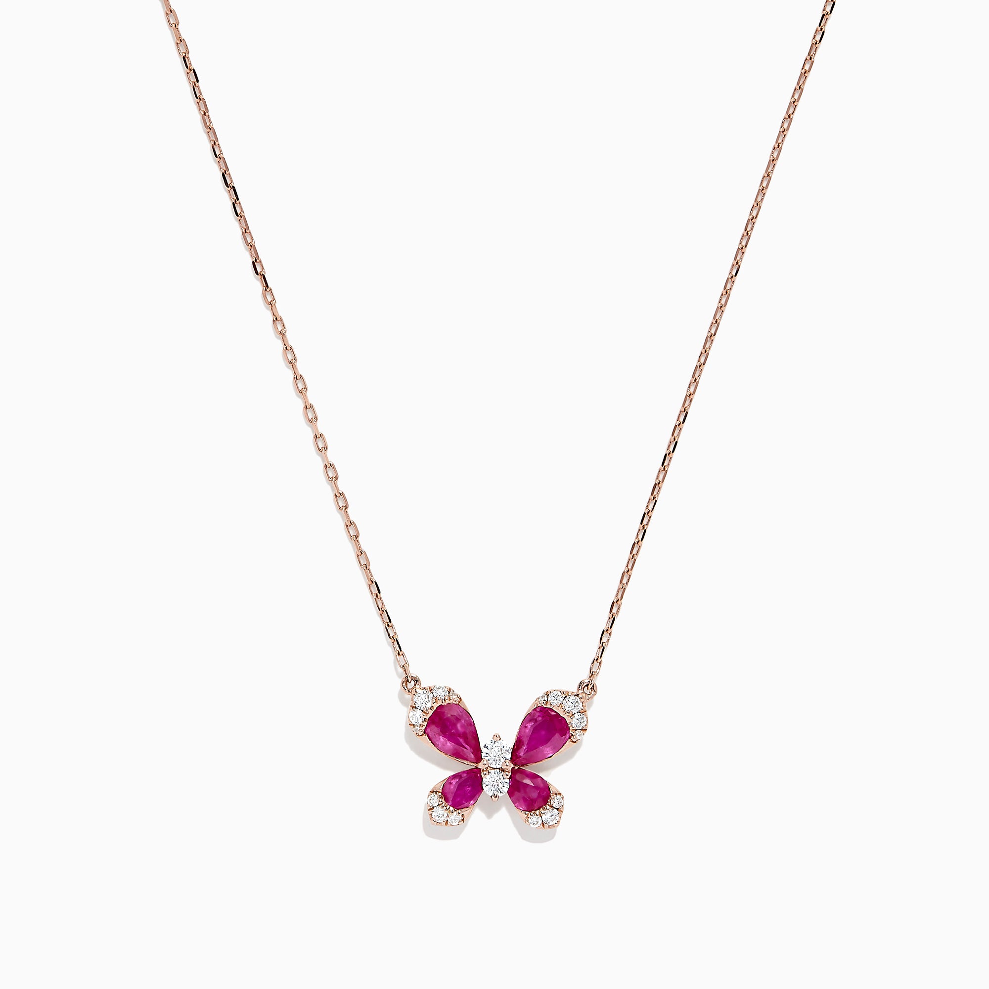The Nature 14K Rose Gold Ruby and Diamond Butterfly Necklace, 1.62 TCW, from Effy features a butterfly-shaped pendant with rubies and diamonds on a delicate gold chain, displayed against a plain white background.
