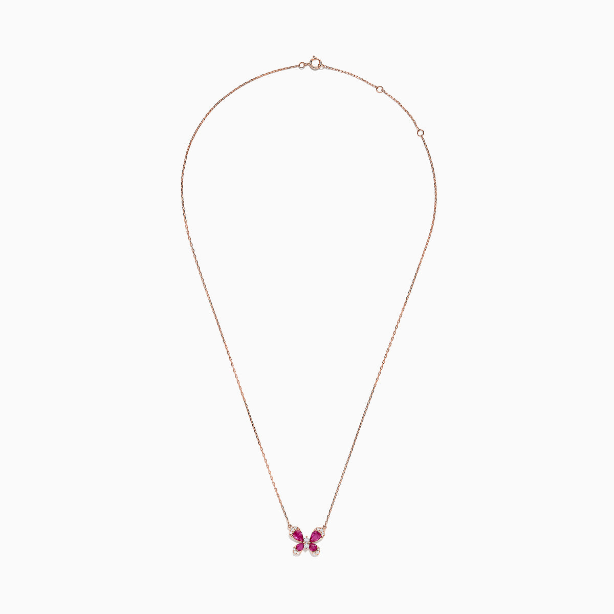 The Nature 14K Rose Gold Ruby and Diamond Butterfly Necklace, 1.62 TCW, from Effy features a butterfly-shaped pendant with rubies and diamonds on a delicate gold chain, displayed against a plain white background.