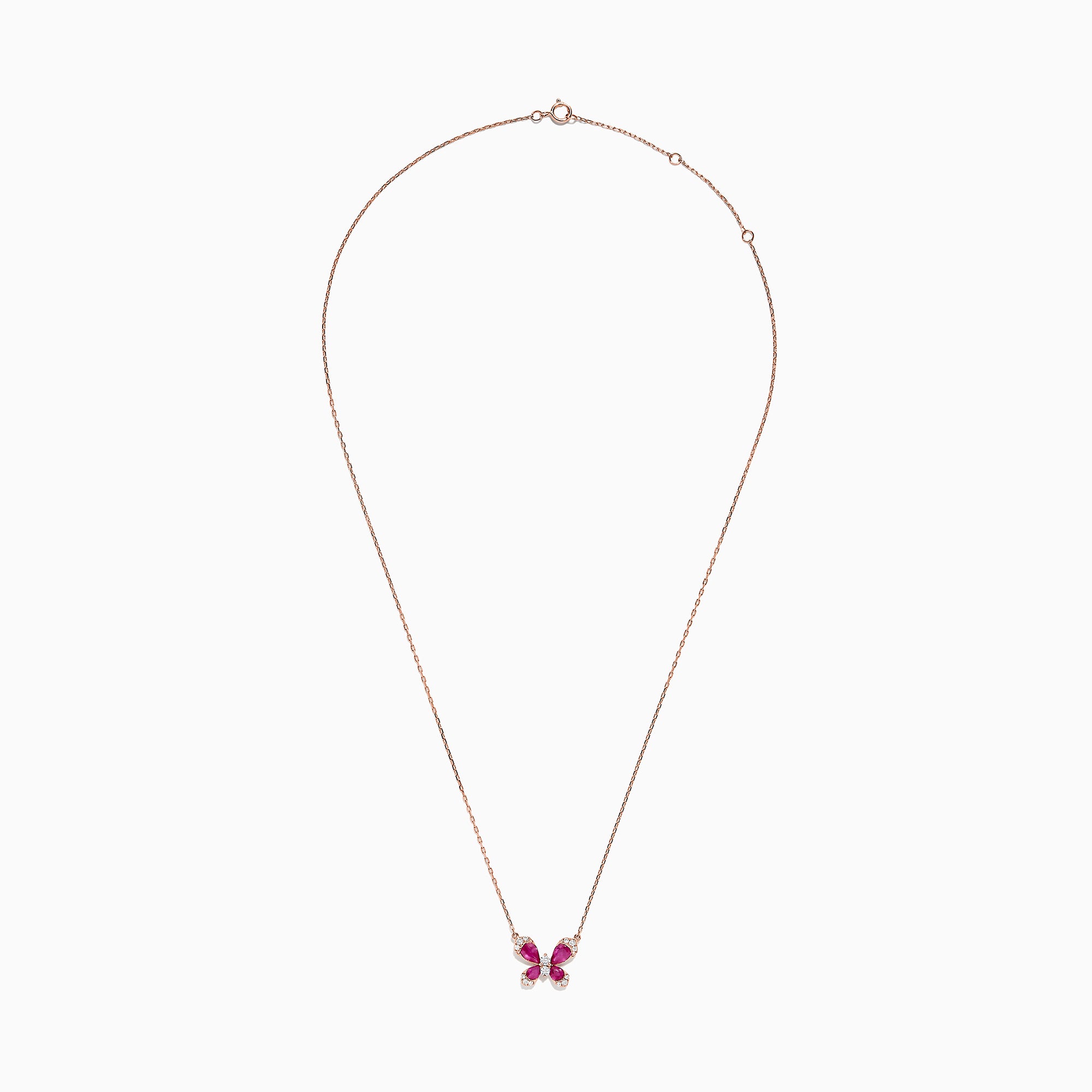 The Nature 14K Rose Gold Ruby and Diamond Butterfly Necklace, 1.62 TCW, from Effy features a butterfly-shaped pendant with rubies and diamonds on a delicate gold chain, displayed against a plain white background.