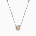 The Canare 18K 2-Tone Gold Yellow & White Diamond Necklace (0.68 TCW) features a square yellow and white diamond pendant surrounded by small stones, set on a silver chain with spaced round white stones.