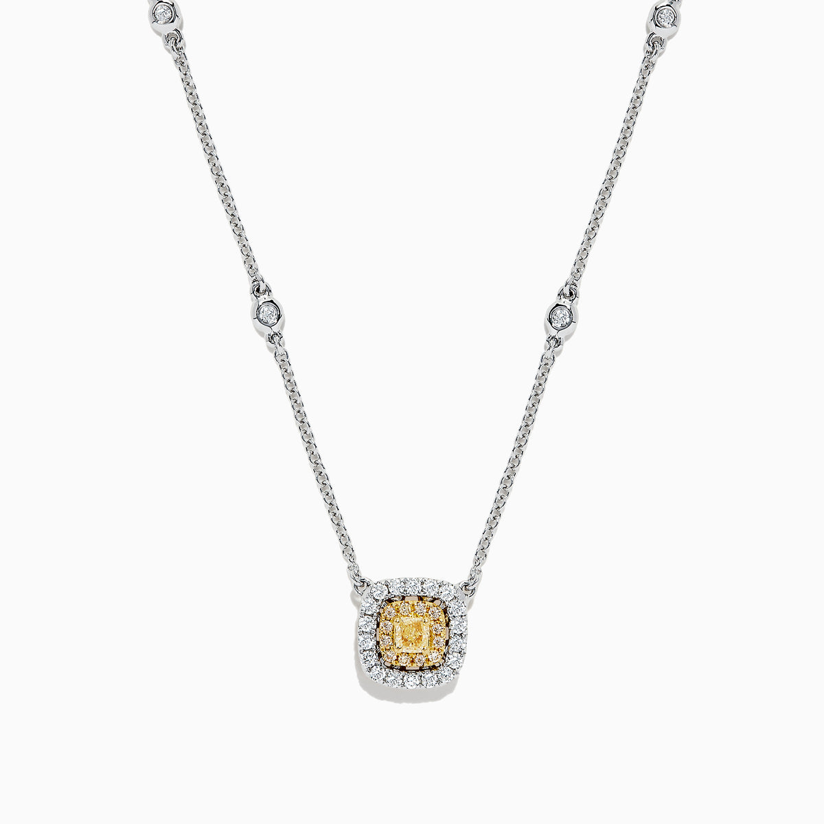 The Canare 18K 2-Tone Gold Yellow & White Diamond Necklace (0.68 TCW) features a square yellow and white diamond pendant surrounded by small stones, set on a silver chain with spaced round white stones.