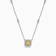 The Canare 18K 2-Tone Gold Yellow & White Diamond Necklace (0.68 TCW) features a square yellow and white diamond pendant surrounded by small stones, set on a silver chain with spaced round white stones.