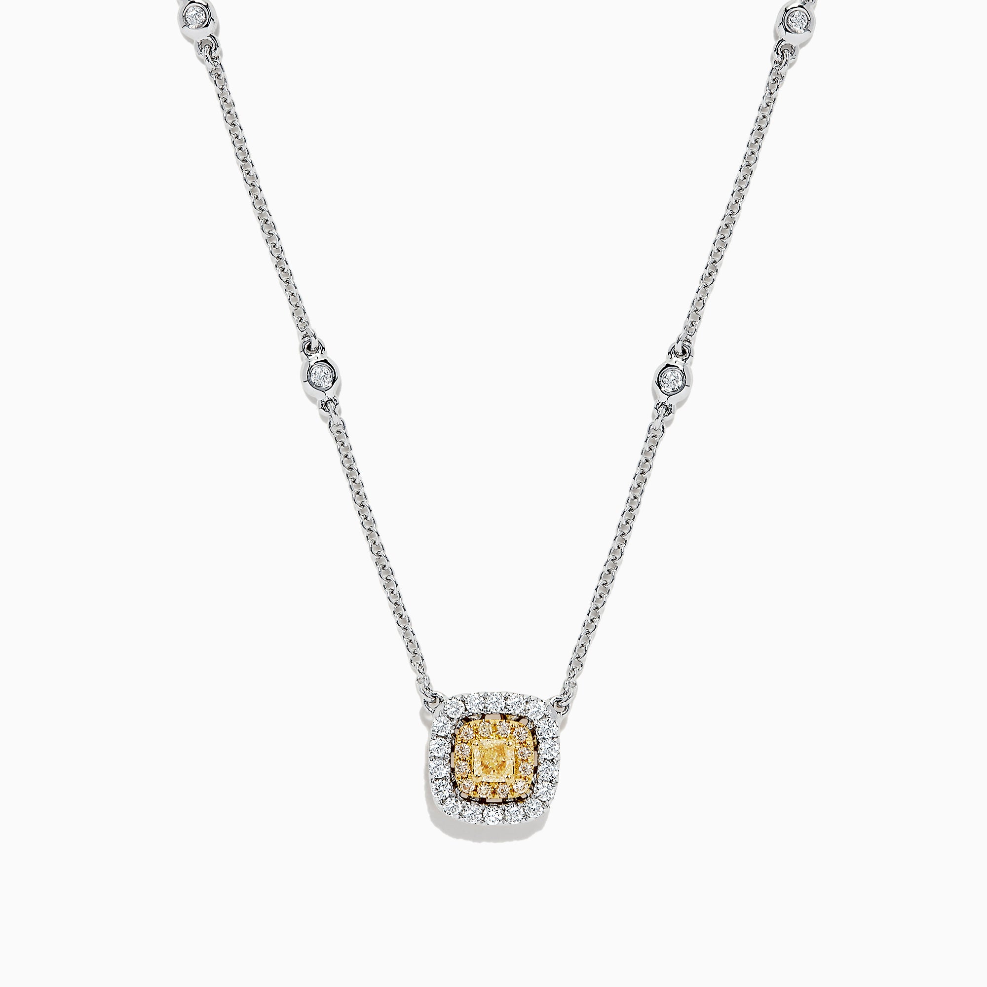 The Canare 18K 2-Tone Gold Yellow & White Diamond Necklace (0.68 TCW) features a square yellow and white diamond pendant surrounded by small stones, set on a silver chain with spaced round white stones.