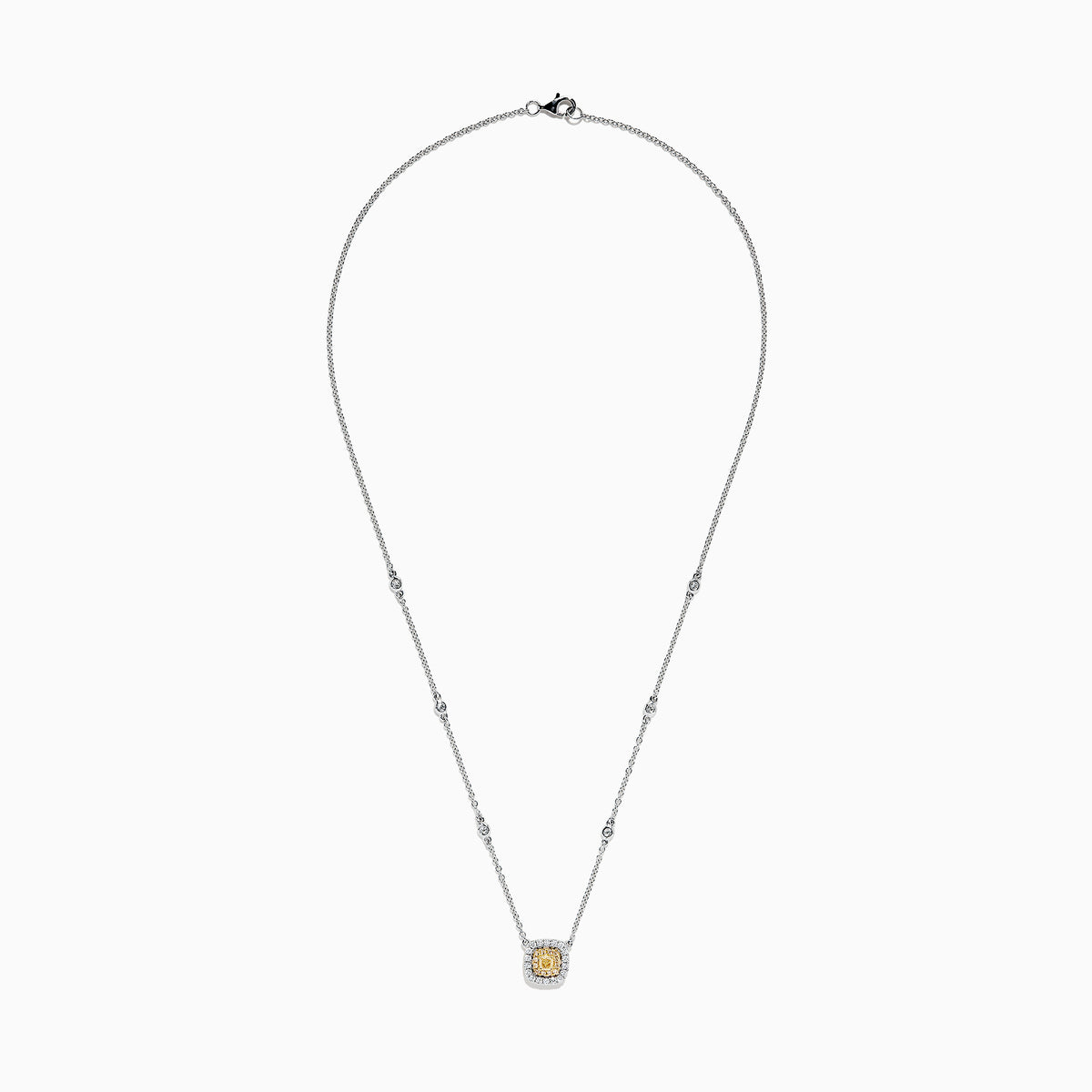The Canare 18K 2-Tone Gold Yellow & White Diamond Necklace (0.68 TCW) features a square yellow and white diamond pendant surrounded by small stones, set on a silver chain with spaced round white stones.